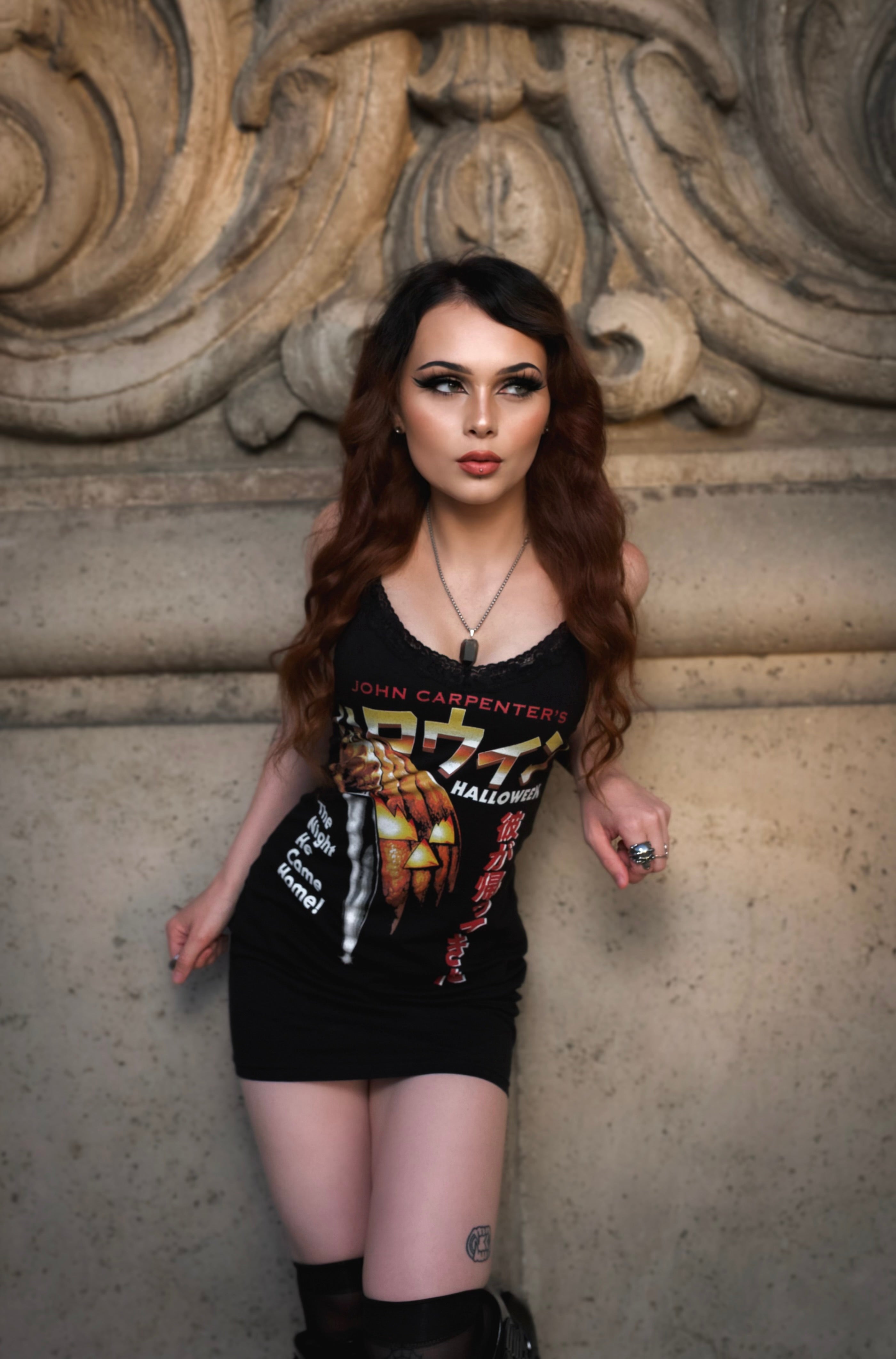 Halloween'"Japanese Flyer' Black Lace Strap Dress