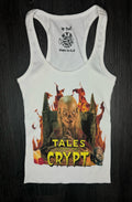 White tank top with 'Tales from the Crypt' graphic design on a dark background