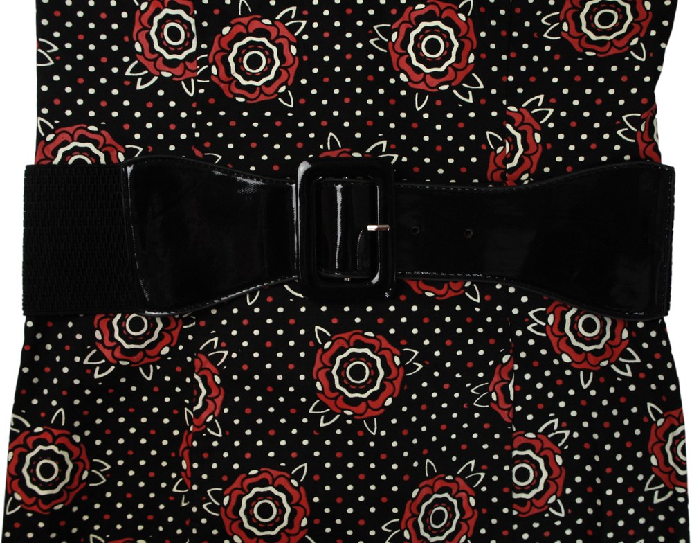 Sourpuss Dress - Tattooed Roses Slit Classic Retro Punk Belt