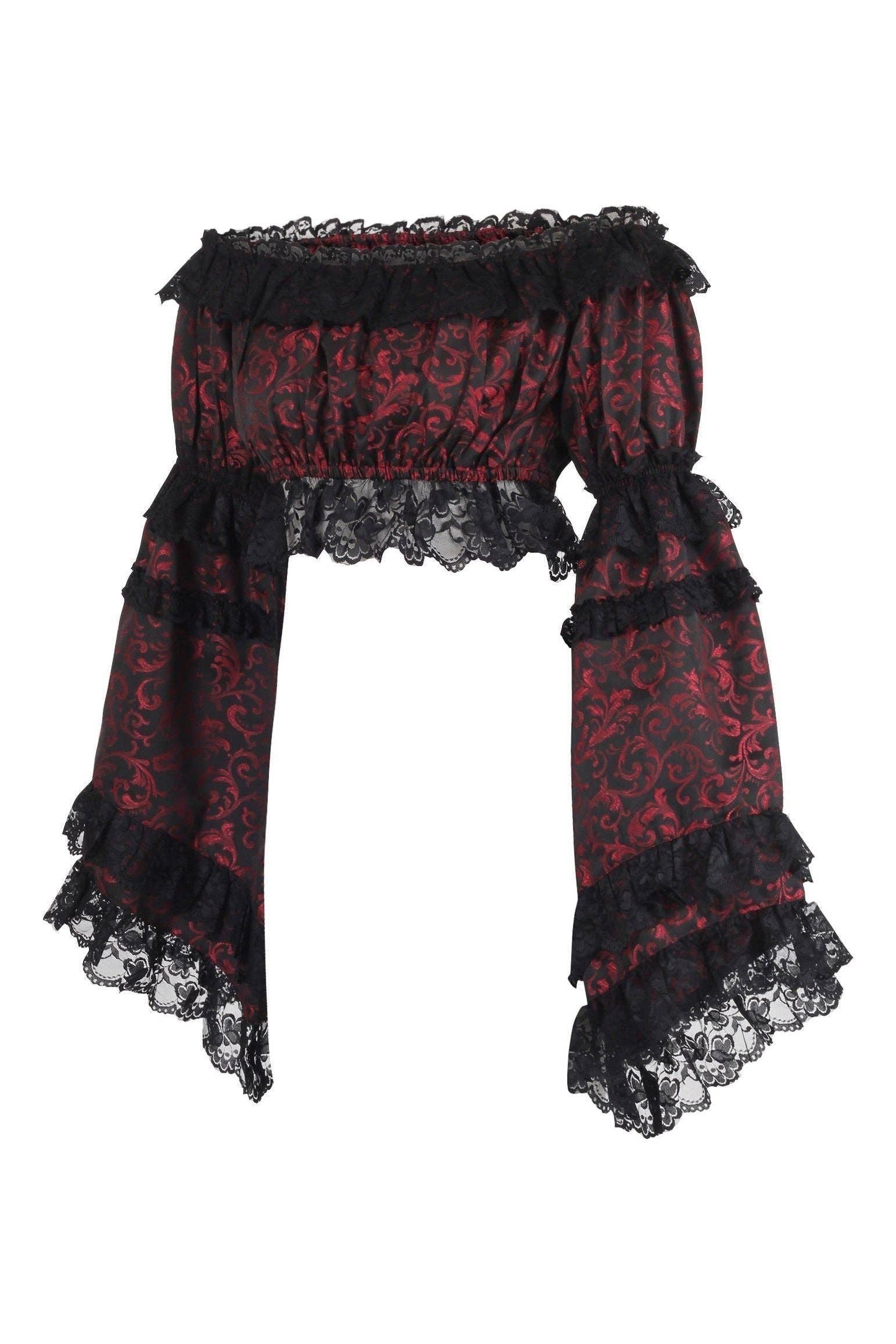 Red/Black Brocade Smocked Flare Sleeve Peasant Top