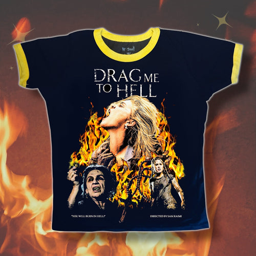 T-shirt with graphic design and text 'DRAG ME TO HELL' on a fiery background