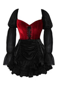 Top Drawer 2 PC Dark Red Velvet Steel Boned Corset w/Sleeves & Skirt Set
