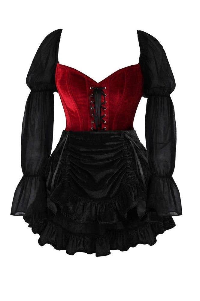 Top Drawer 2 PC Dark Red Velvet Steel Boned Corset w/Sleeves & Skirt Set