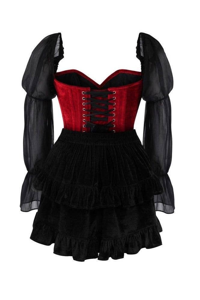 Top Drawer 2 PC Dark Red Velvet Steel Boned Corset w/Sleeves & Skirt Set