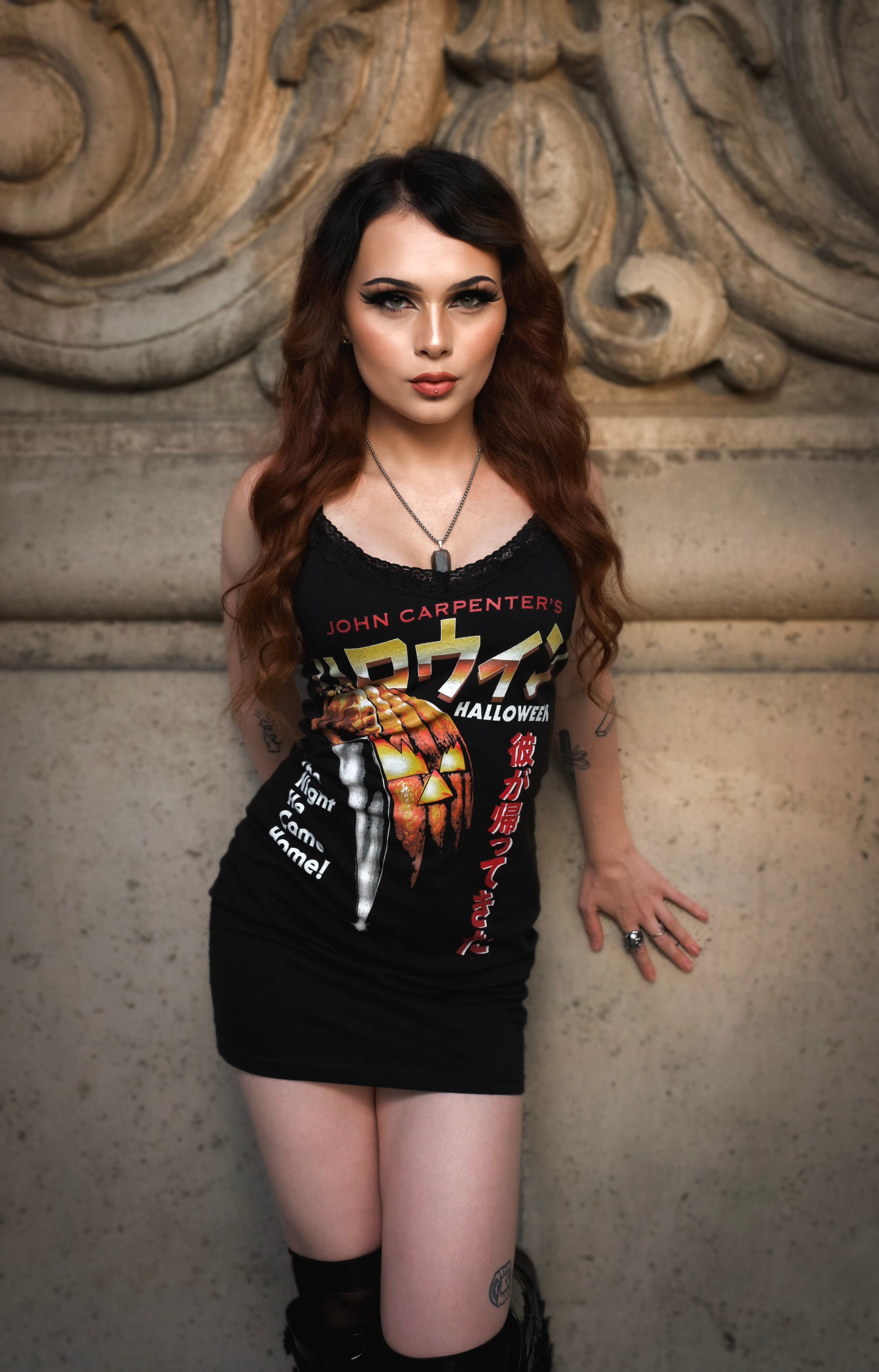 Halloween'"Japanese Flyer' Black Lace Strap Dress