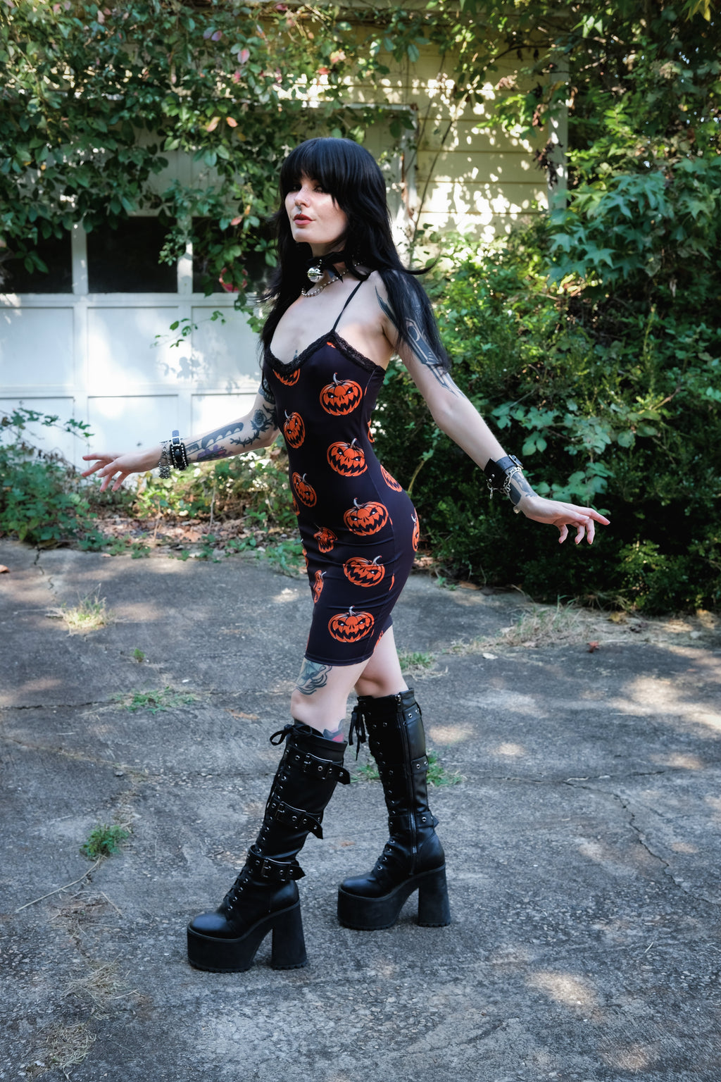 Pumpkins Print Lace Strap Dress