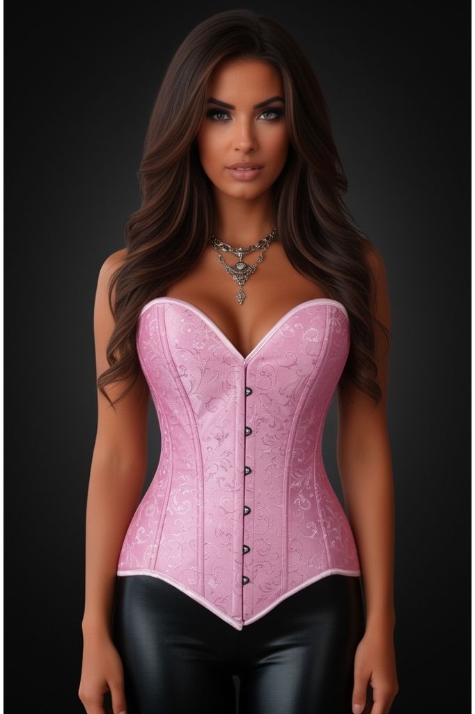 Lavish Lt Pink Brocade Overbust Corset W/Busk Closure