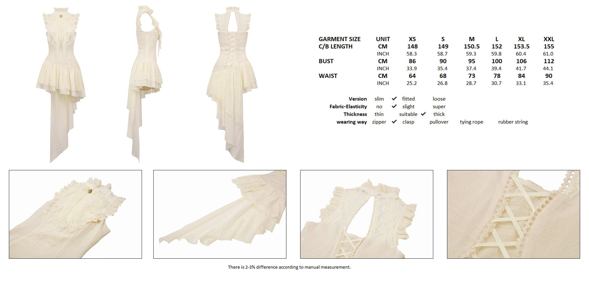 Steampunk explorer's beige irregular lace dress with size chart and fabric details.