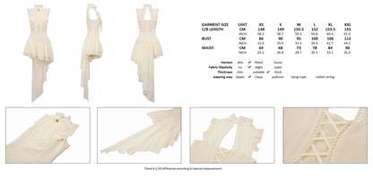 Steampunk explorer's beige irregular lace dress with size chart and fabric details.