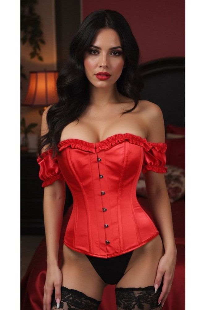 Top Drawer Steel Boned Red Satin Overbust Corset w/Sleeves