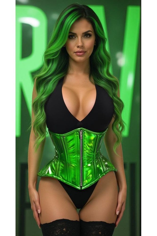 Top Drawer Green Holo Double Steel Boned Underbust Waist Cincher Corset