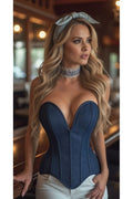Top Drawer Steel Boned Dark Blue Denim Plunge Neckline Overbust Corset