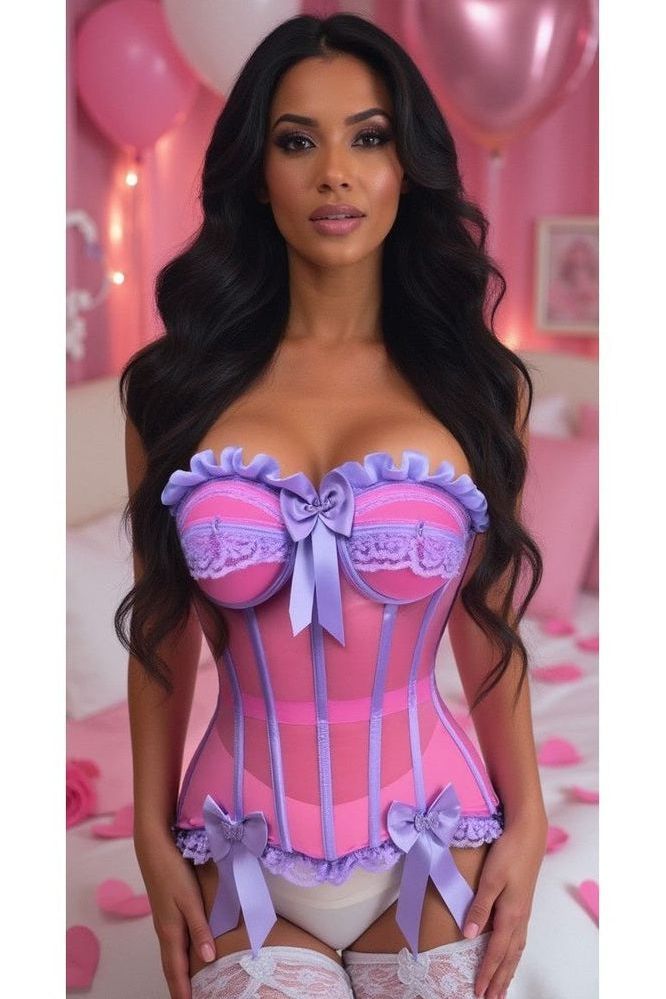 Top Drawer Steel Boned Pink/Purple Mesh Underwire Bustier Corset