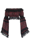 Red/Black Brocade Smocked Flare Sleeve Peasant Top