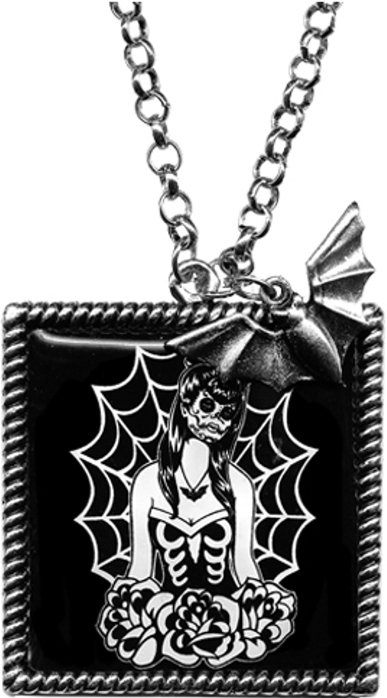 Necklace - Sourpuss - Black Webbed Girl Frame With Bat