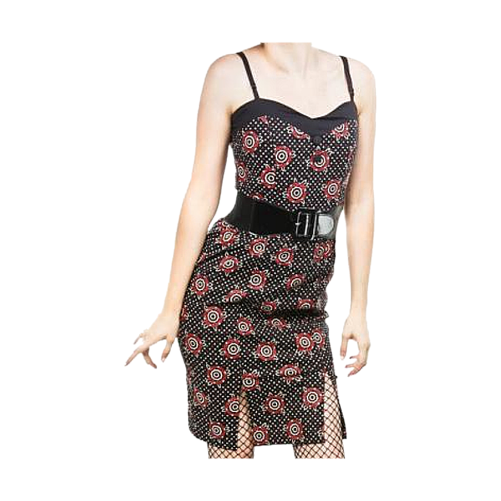 Sourpuss Dress - Tattooed Roses Slit Classic Retro Punk Belt