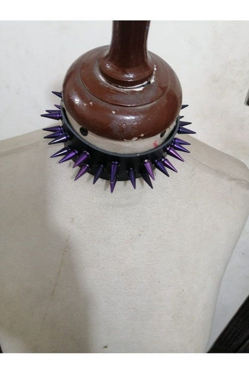 Black Faux Leather & Purple Metallic Spike Choker - Daisy Corsets