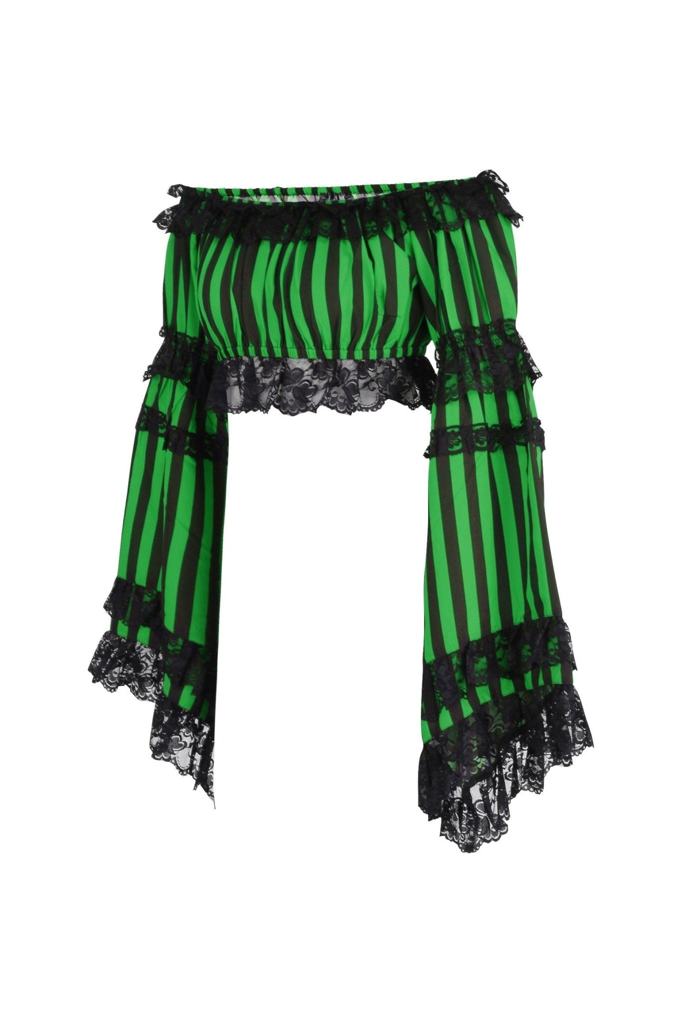 Black/Green Striped Smocked Flare Sleeve Peasant Top - Daisy Corsets