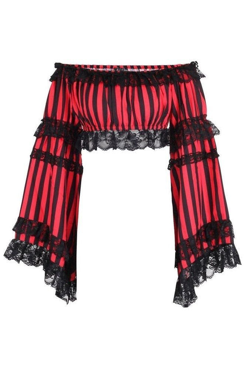 Black/Red Striped Smocked Flare Sleeve Peasant Top - Daisy Corsets