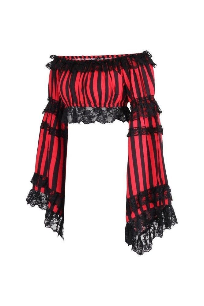 Black/Red Striped Smocked Flare Sleeve Peasant Top - Daisy Corsets