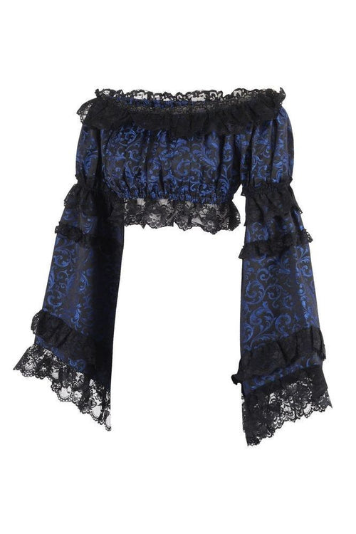 Blue/Black Brocade Smocked Flare Sleeve Peasant Top - Daisy Corsets