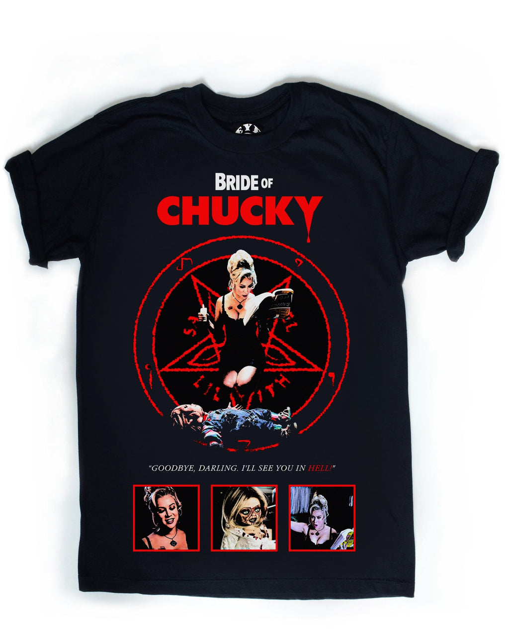 Black t-shirt with 'Bride of Chucky' graphic design featuring a woman in a black dress and red text.