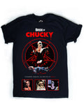 Black t-shirt with 'Bride of Chucky' graphic design featuring a woman in a black dress and red text.