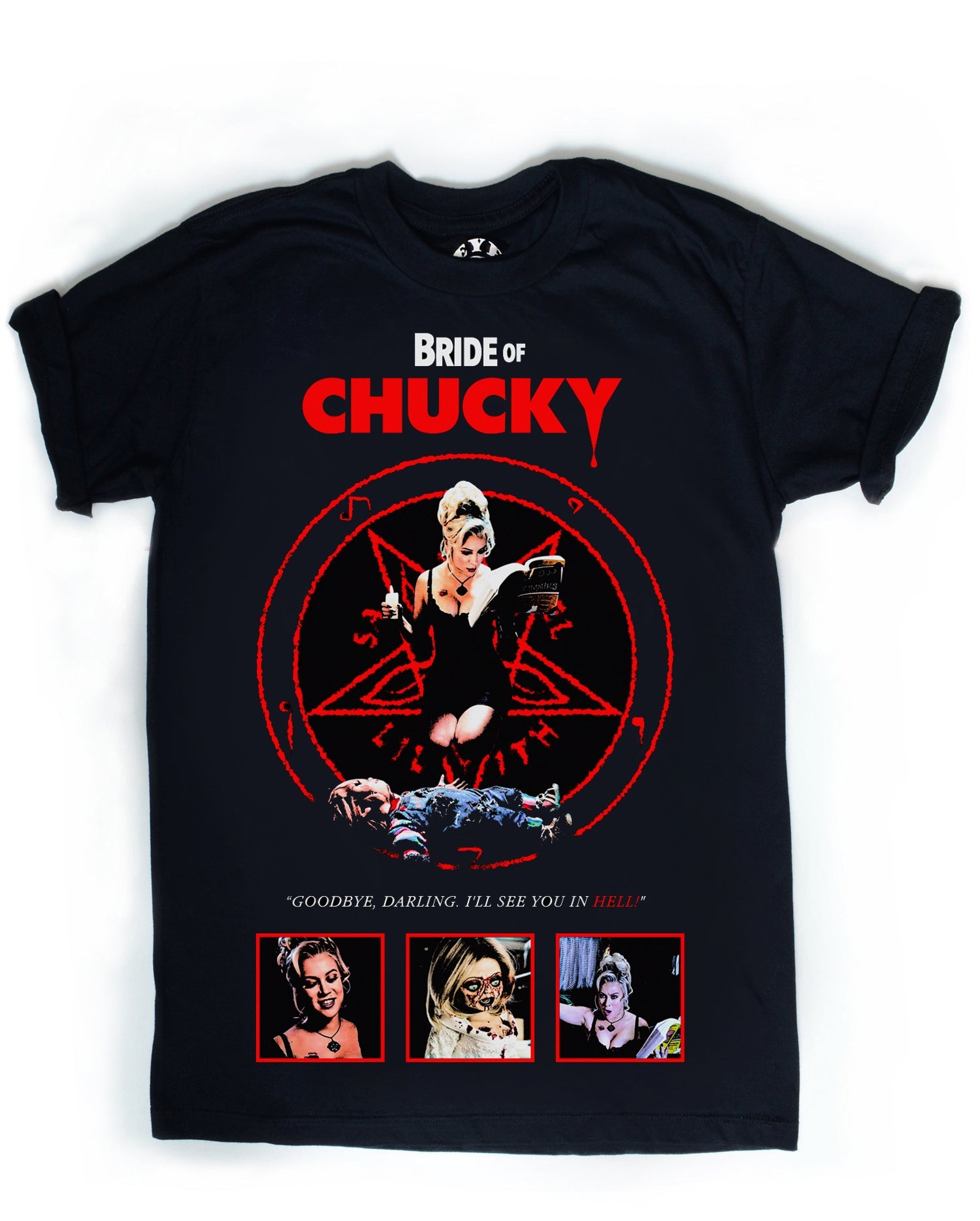 Black t-shirt with 'Bride of Chucky' graphic design featuring a woman in a black dress and red text.