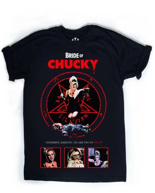 Black t-shirt with 'Bride of Chucky' graphic design featuring a woman in a black dress and red text.