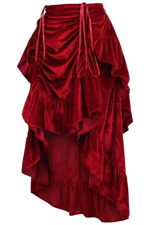 Dark Red Velvet Adjustable High Low Bustle Skirt - Daisy Corsets