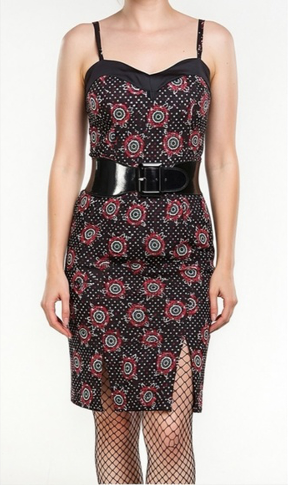 Sourpuss Dress - Tattooed Roses Slit Classic Retro Punk Belt