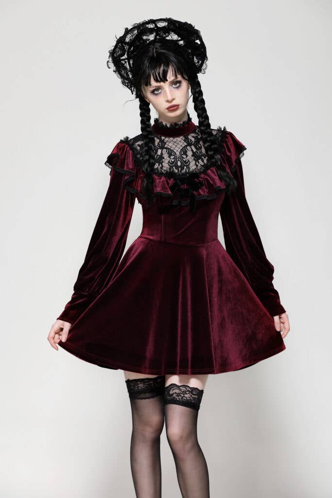 DW1025 - Red lace velvet dress
