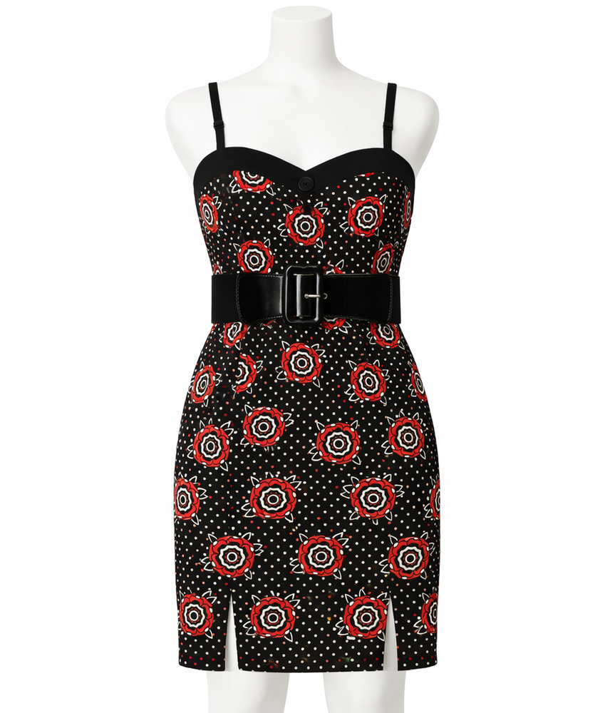 Sourpuss Dress - Tattooed Roses Slit Classic Retro Punk Belt