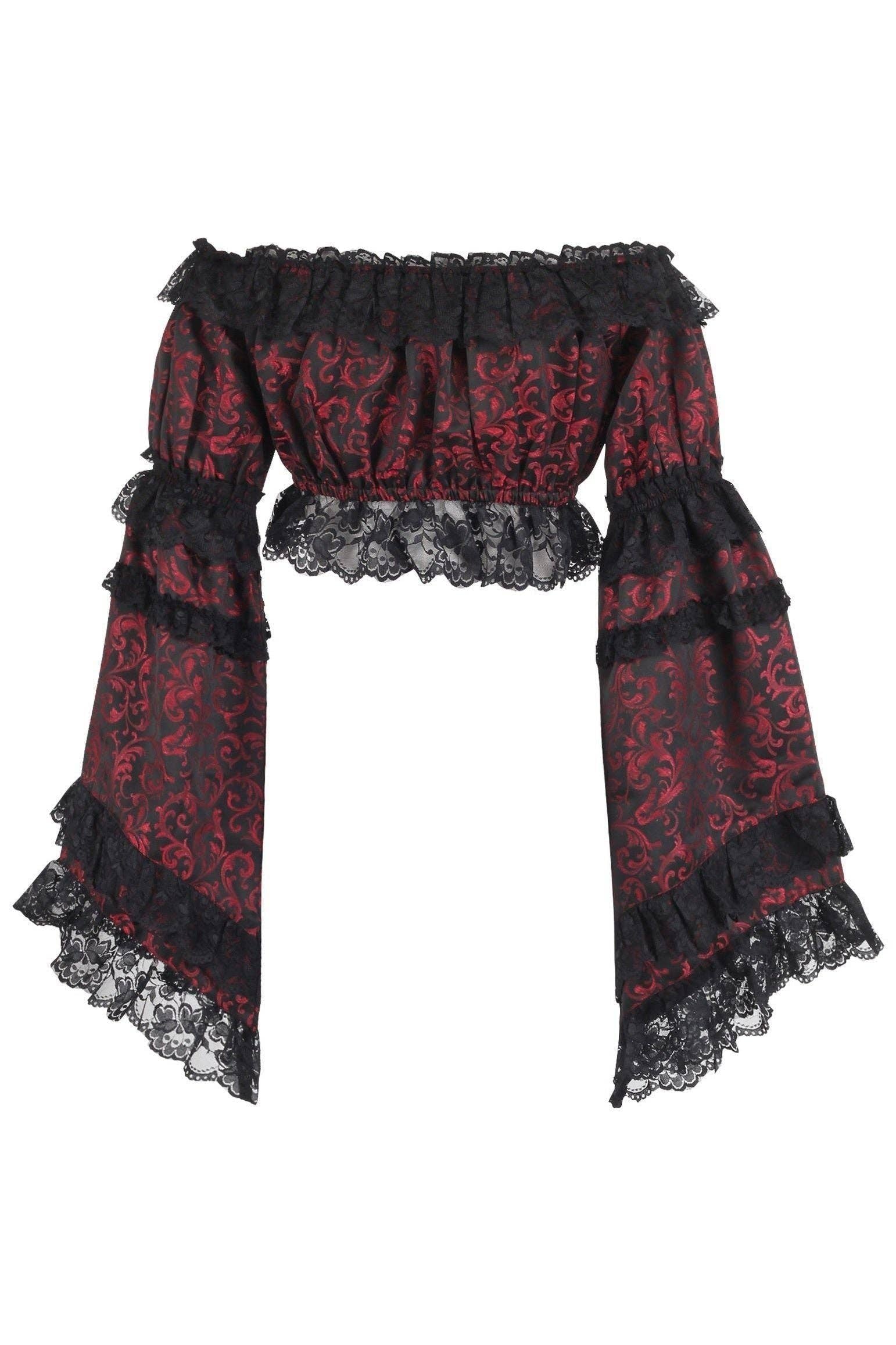 Red/Black Brocade Smocked Flare Sleeve Peasant Top