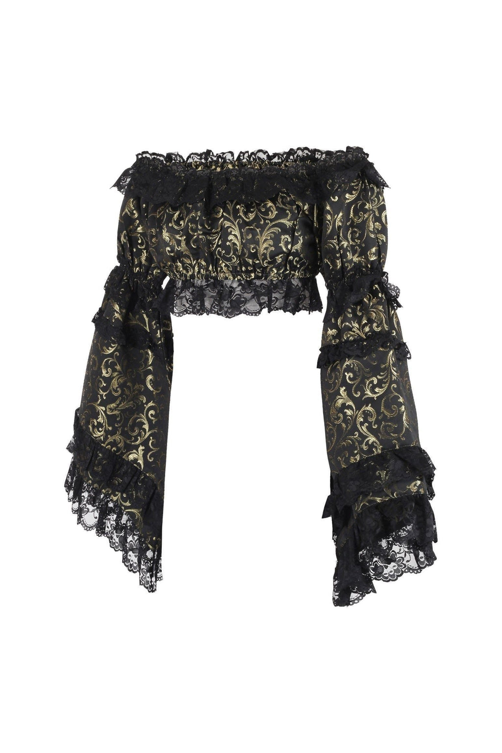 Gold/Black Brocade Smocked Flare Sleeve Peasant Top - Daisy Corsets
