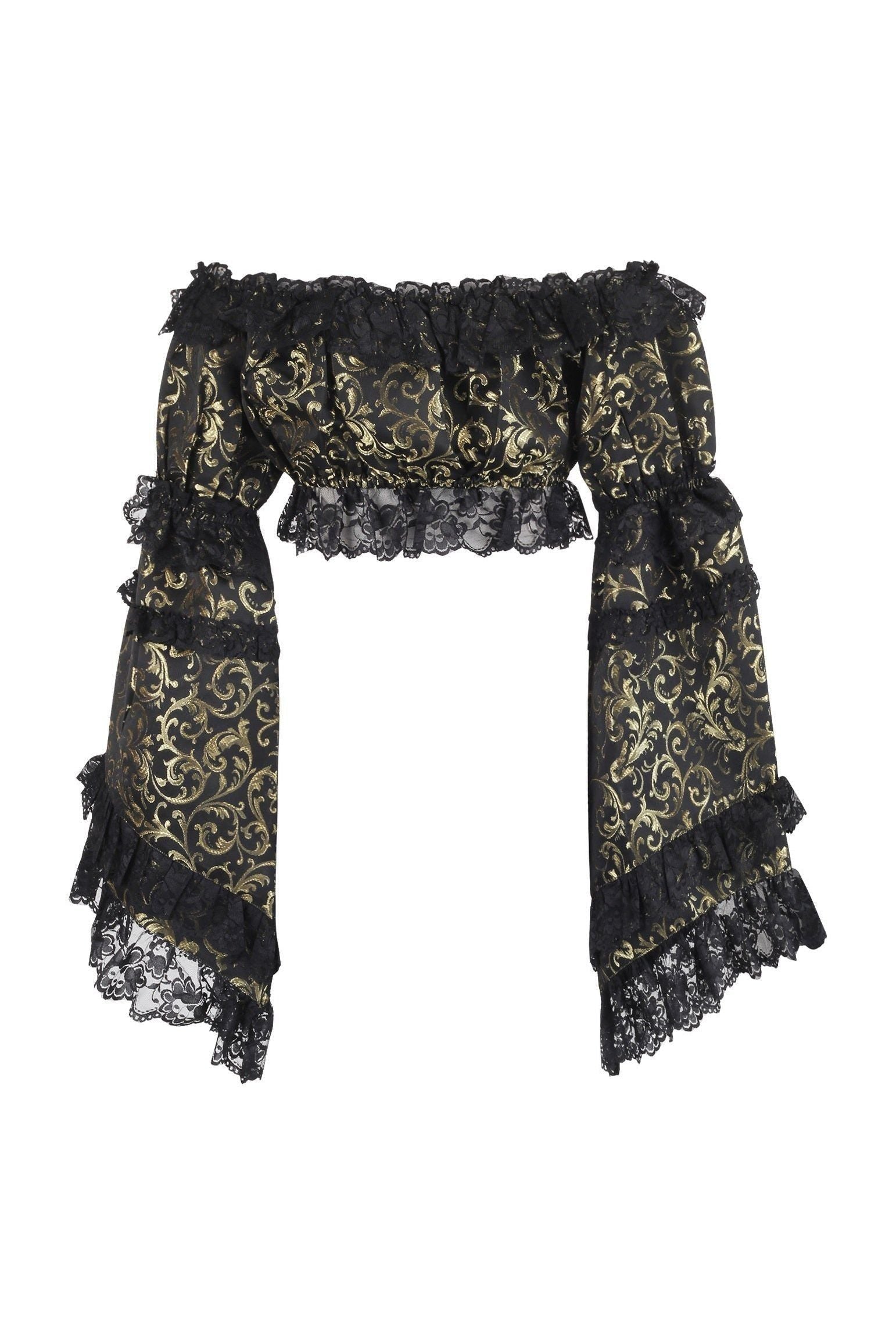 Gold/Black Brocade Smocked Flare Sleeve Peasant Top - Daisy Corsets