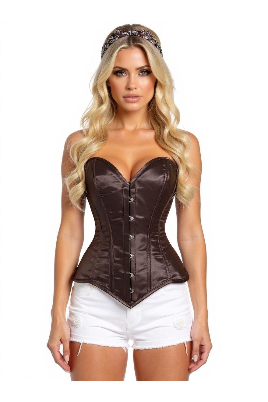 Lavish Dark Brown Satin Overbust Corset Sweetheart Neckline Busk Closure - Daisy Corsets