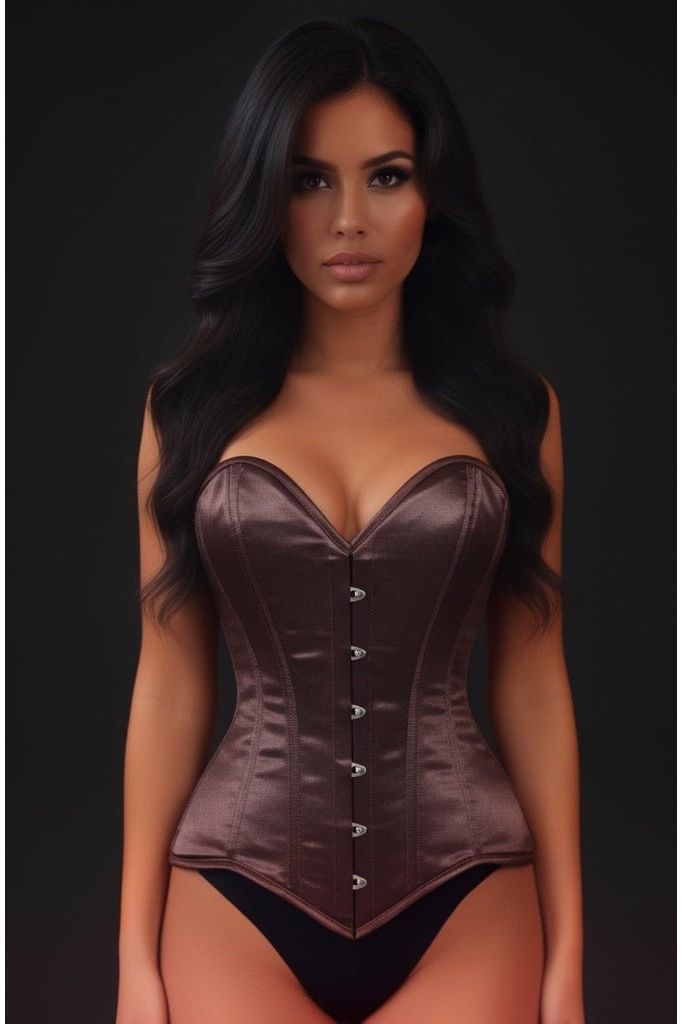 Lavish Dark Brown Satin Overbust Corset Sweetheart Neckline Busk Closure - Daisy Corsets