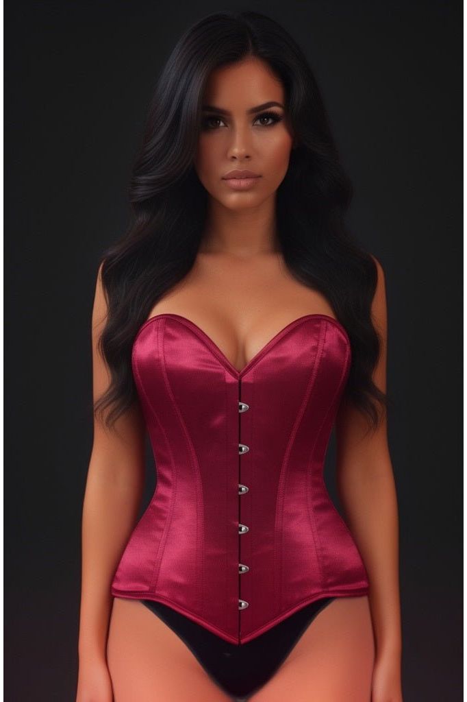 Lavish Dark Red Wine Satin Overbust Corset Sweetheart Neckline Busk Closure - Daisy Corsets