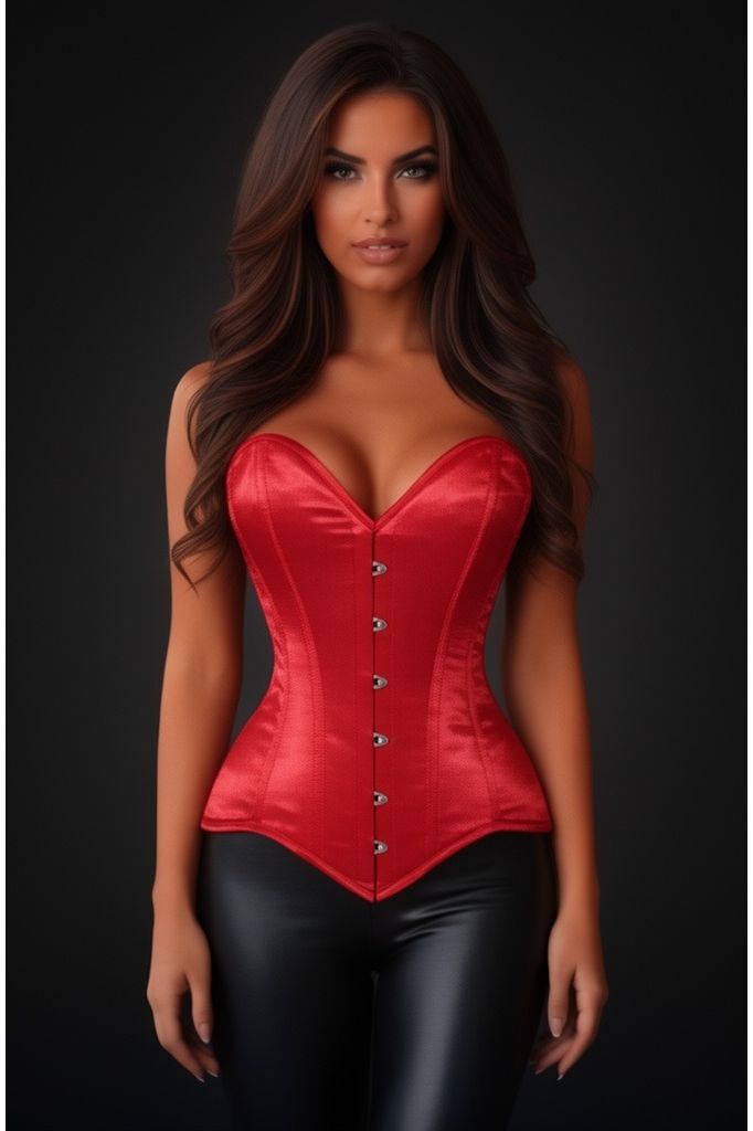Lavish Red Satin Overbust Corset Sweetheart Neckline Busk Closure - Daisy Corsets