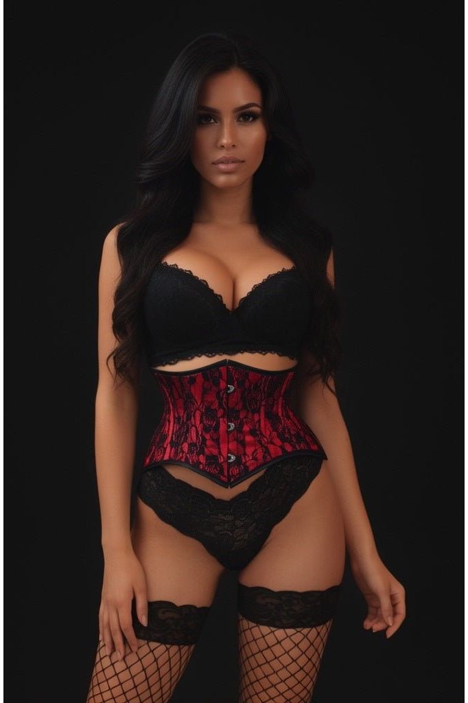 Lavish Red/Black Lace Mini Cincher Underbust Corset Waist Cincher Busk Closure - Daisy Corsets