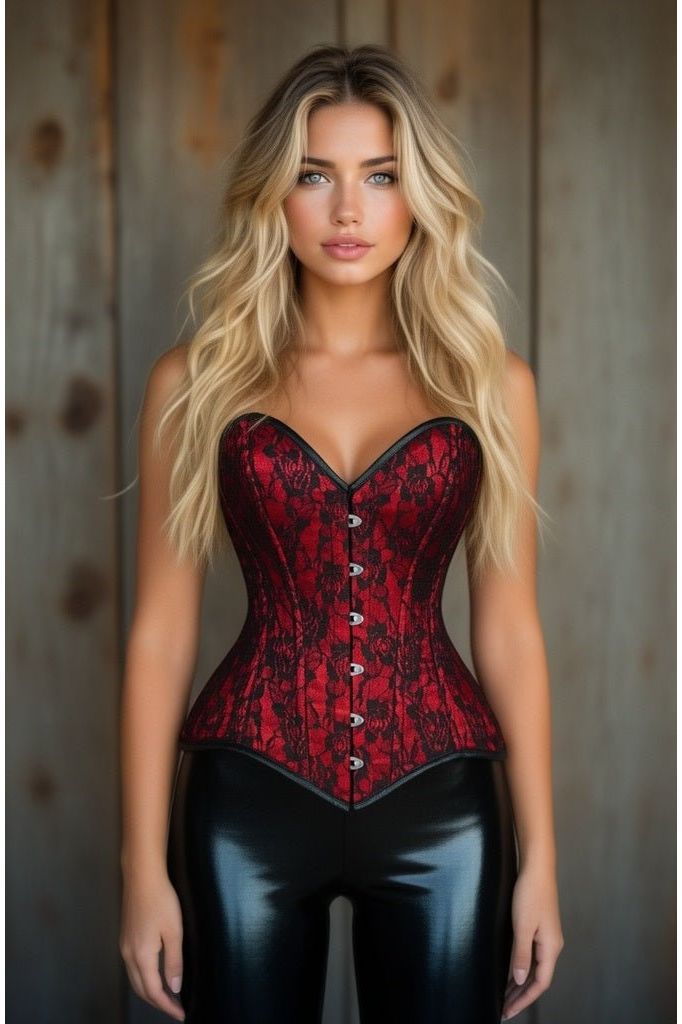 Lavish Red/Black Lace Overbust Corset Sweetheart Neckline Busk Closure - Daisy Corsets