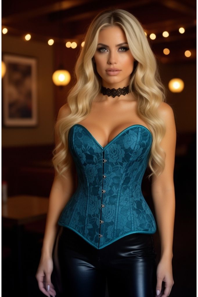 Lavish Teal Lace Overbust Corset Sweetheart Neckline Busk Closure - Daisy Corsets