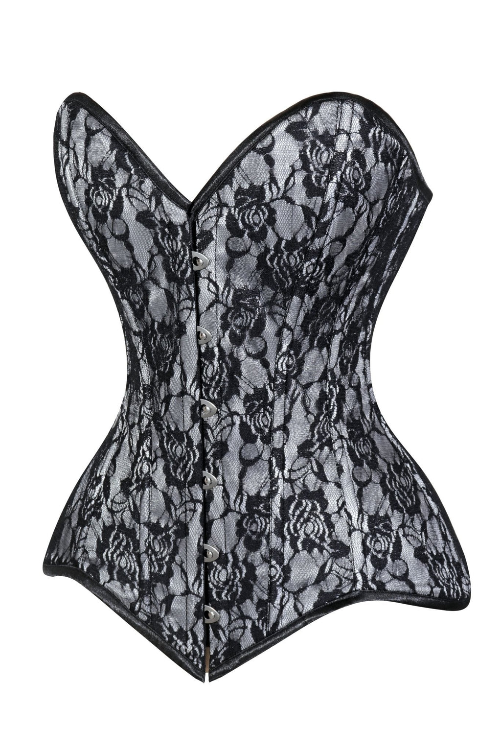 Lavish White/Black Lace Overbust Corset Sweetheart Neckline Busk Closure - Daisy Corsets