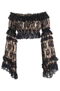 Nude/Black Lace Smocked Flare Sleeve Peasant Top - Daisy Corsets