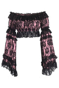Pink/Black Lace Smocked Flare Sleeve Peasant Top - Daisy Corsets