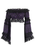 Purple/Black Brocade Smocked Flare Sleeve Peasant Top - Daisy Corsets