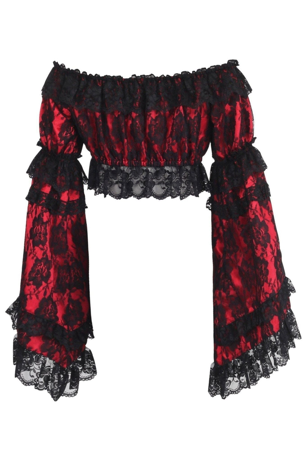 Red/Black Lace Smocked Flare Sleeve Peasant Top - Daisy Corsets