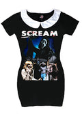 Black dress with 'Scream' movie collage design on a white background