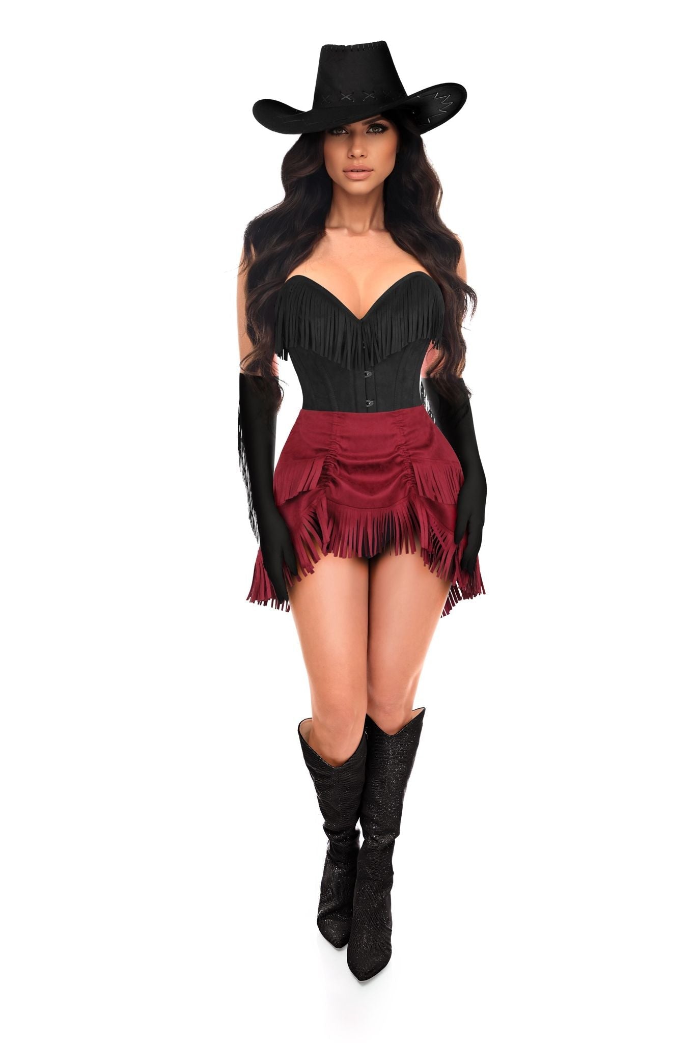 Top Drawer 4 PC Premium Black/Red Suede Fringe Cowgirl Corset Costume - Daisy Corsets